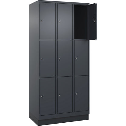 Evolo PLUS 3-fold compartment locker, 3 compartments, grey, W 900 mm, 9 compartments, with base plinth, cylinder lock.