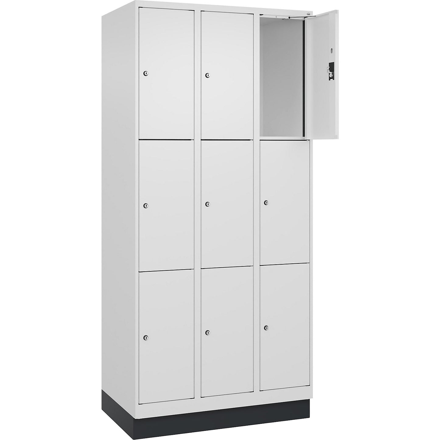 Evolo PLUS 3-fold compartment locker, 3 compartments, white, W 900 mm, 9 compartments, with base plinth, cylinder lock.