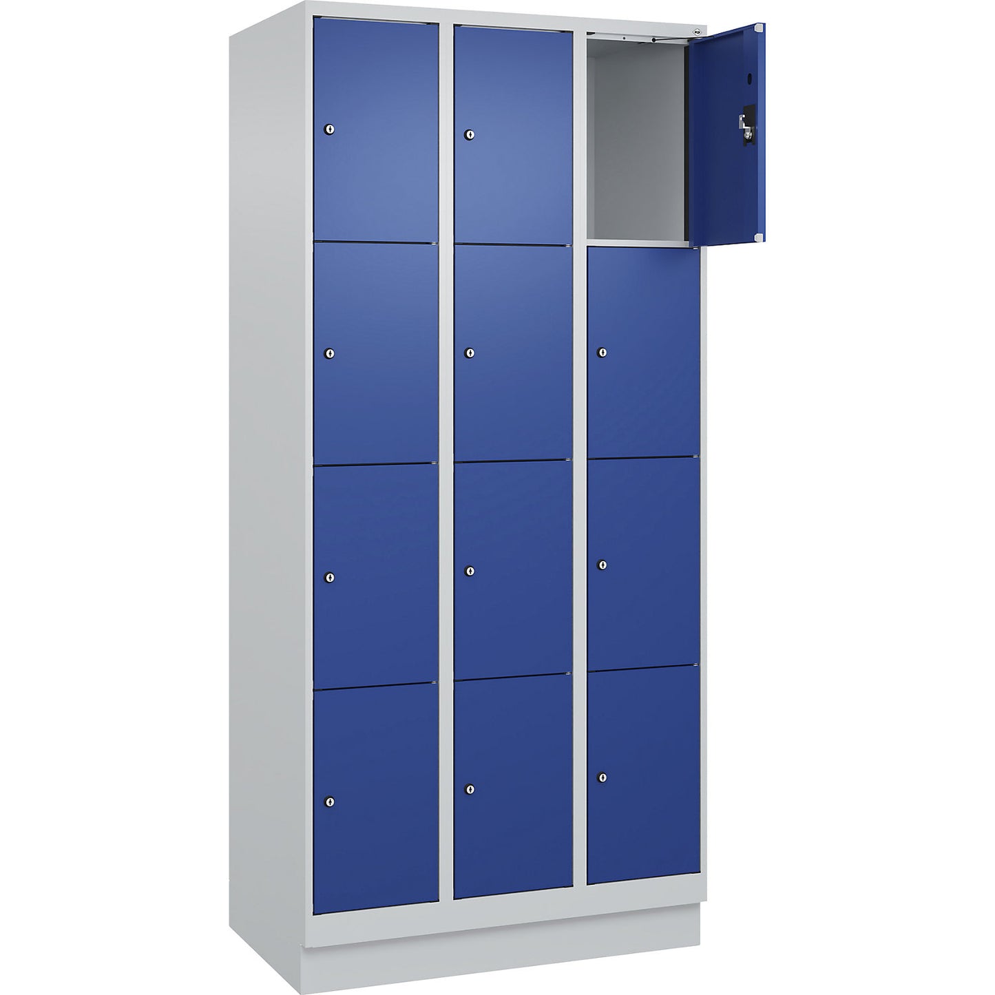 Evolo PLUS 4-fold compartment locker, 3 compartments, light grey / gentian blue, W 900 mm, 12 compartments, with base plinth, cylinder lock.