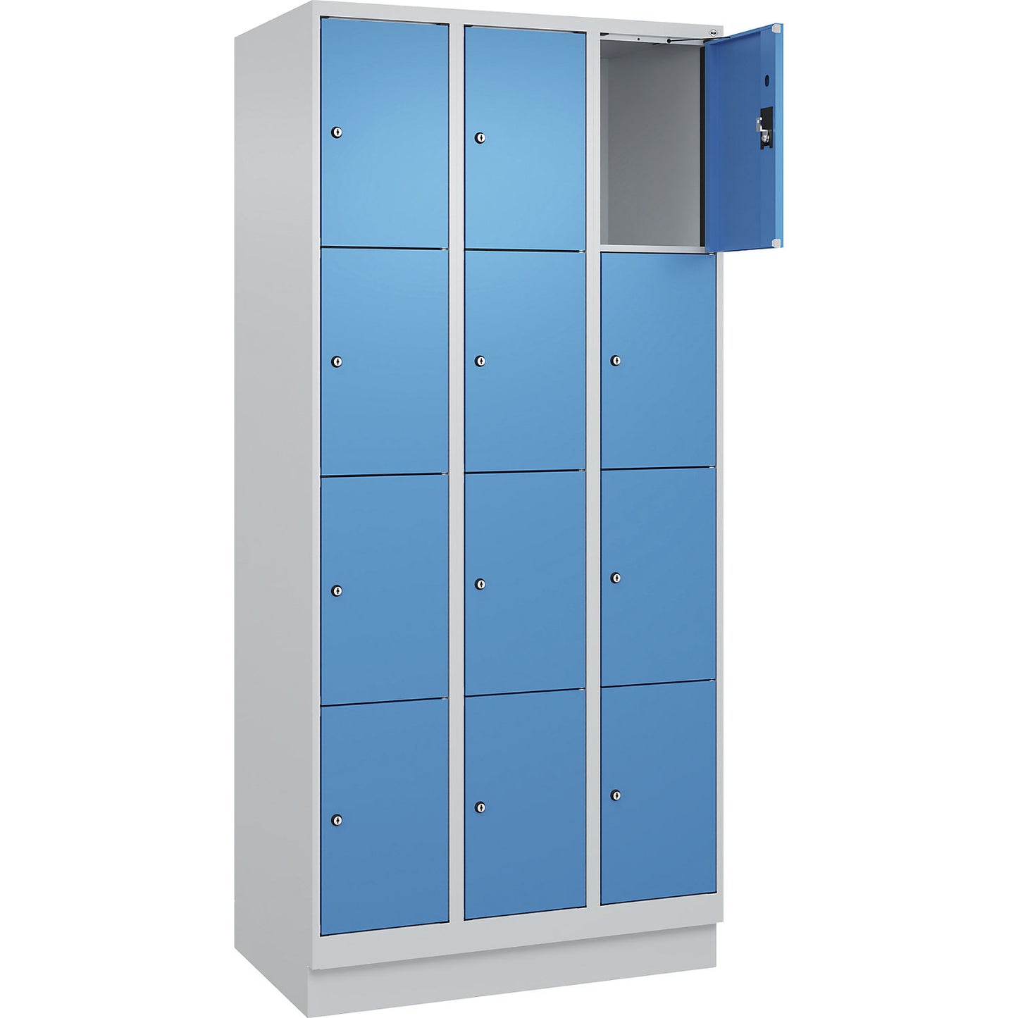 Evolo PLUS 4-fold compartment locker, 3 compartments, light grey / light blue, W 900 mm, 12 compartments, with base plinth, cylinder lock.