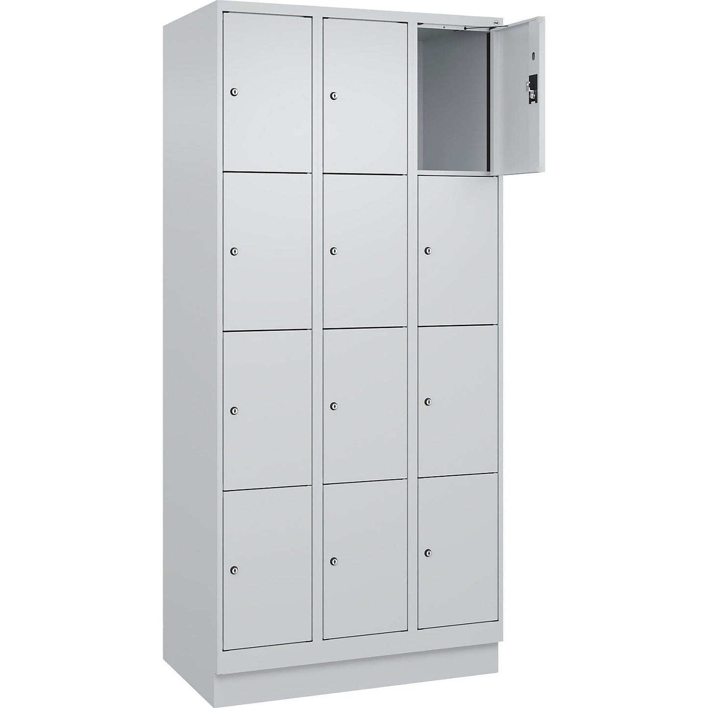 Evolo PLUS 4-fold compartment locker, 3 compartments, light grey, W 900 mm, 12 compartments, with base plinth, cylinder lock.