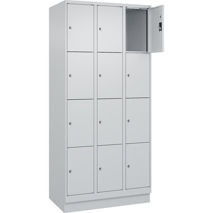 Evolo PLUS 4-fold compartment locker, 3 compartments, light grey, W 900 mm, 12 compartments, with base plinth, cylinder lock.