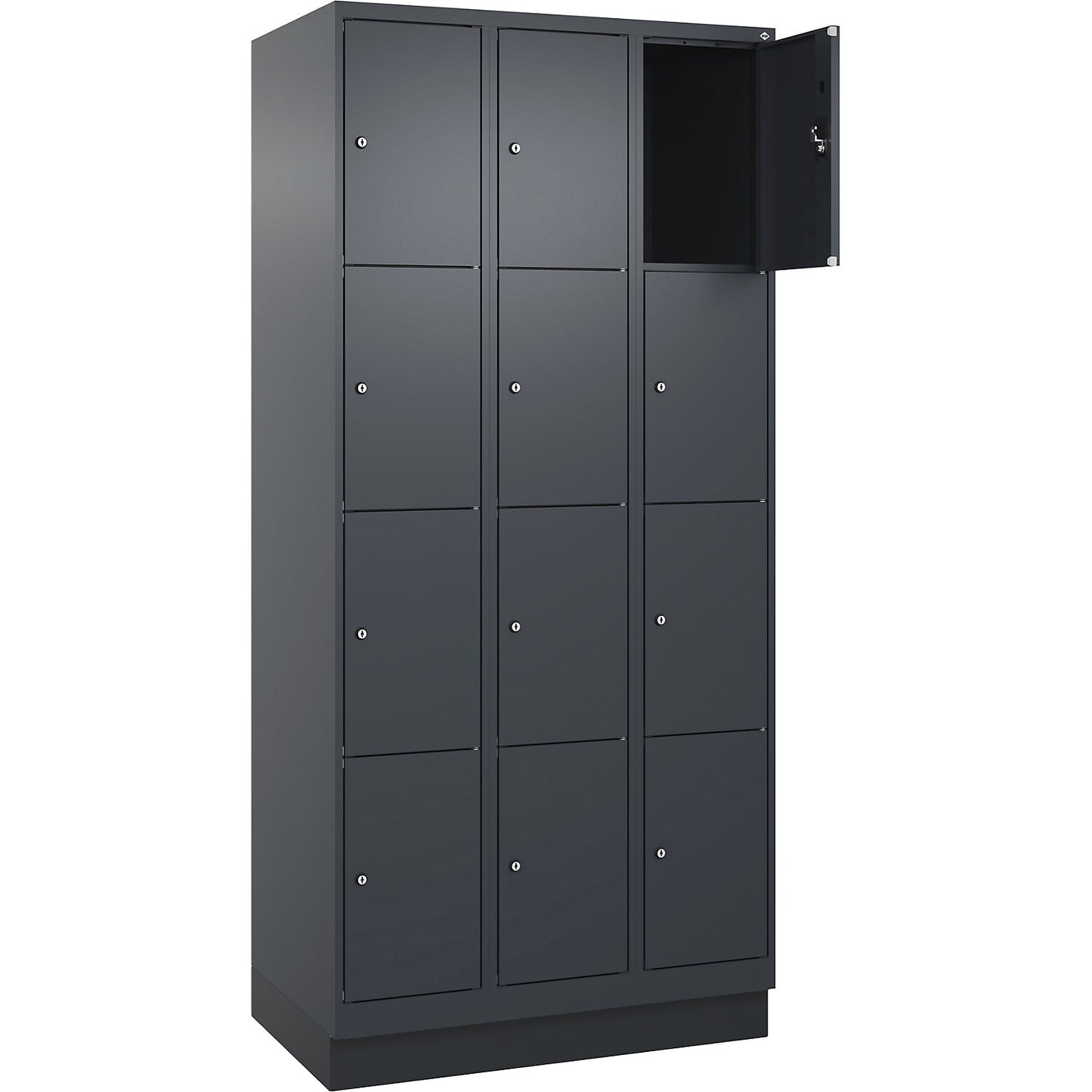 Evolo PLUS 4-fold compartment locker, 3 compartments, grey, W 900 mm, 12 compartments, with base plinth, cylinder lock.
