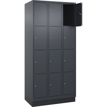 Evolo PLUS 4-fold compartment locker, 3 compartments, grey, W 900 mm, 12 compartments, with base plinth, cylinder lock.