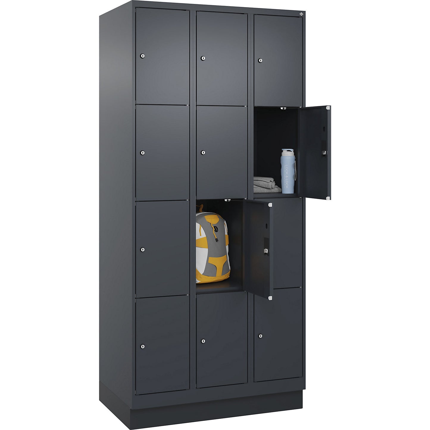 Evolo PLUS 4-fold compartment locker, 3 compartments, grey, W 900 mm, 12 compartments, with base plinth, cylinder lock.