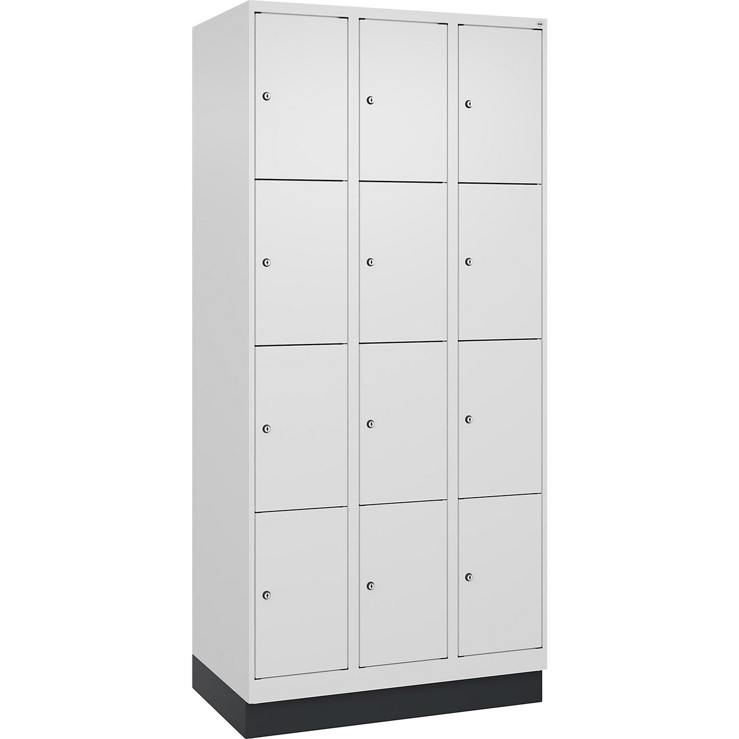 Evolo PLUS 4-fold compartment locker, 3 compartments, white, W 900 mm, 12 compartments, with base plinth, cylinder lock.