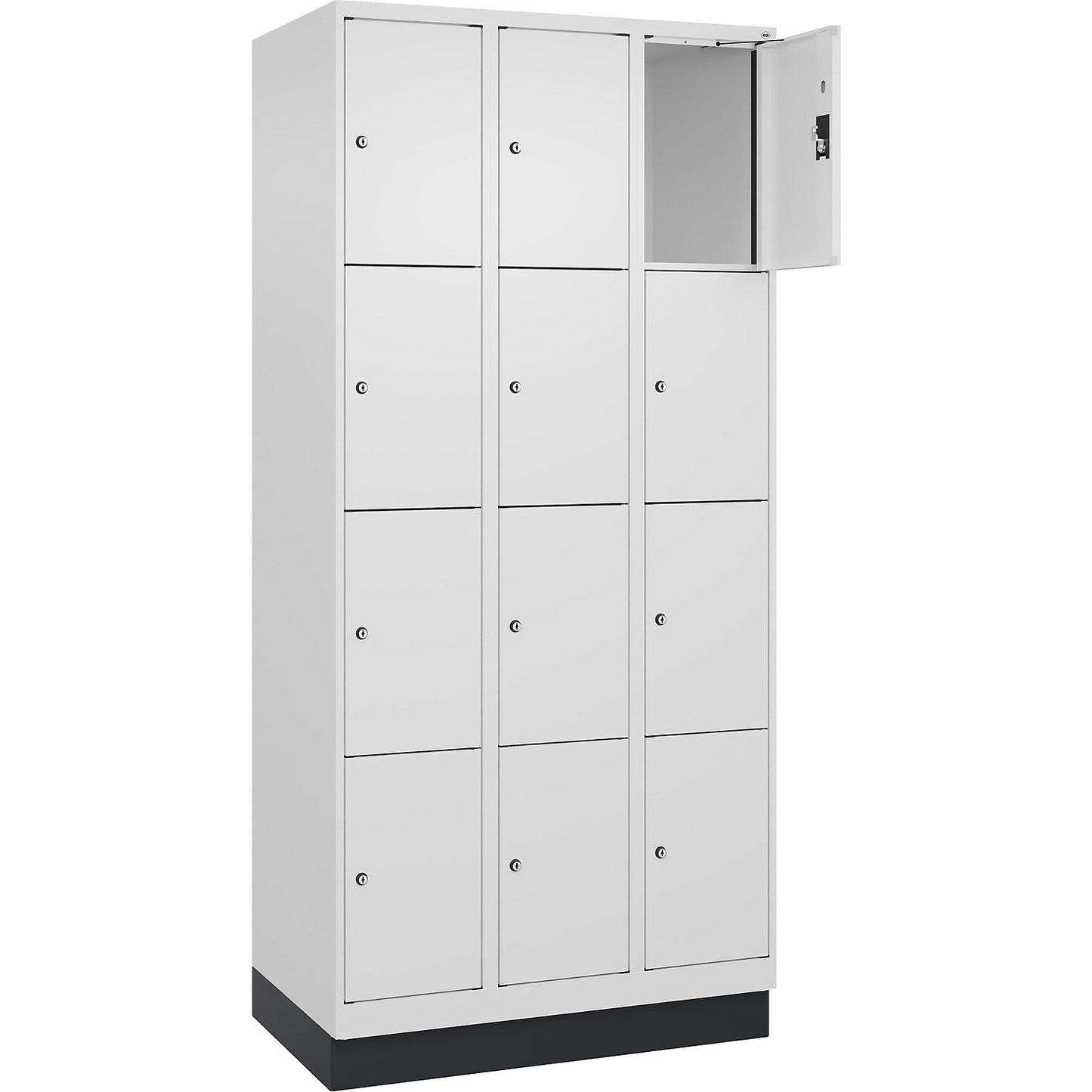 Evolo PLUS 4-fold compartment locker, 3 compartments, white, W 900 mm, 12 compartments, with base plinth, cylinder lock.