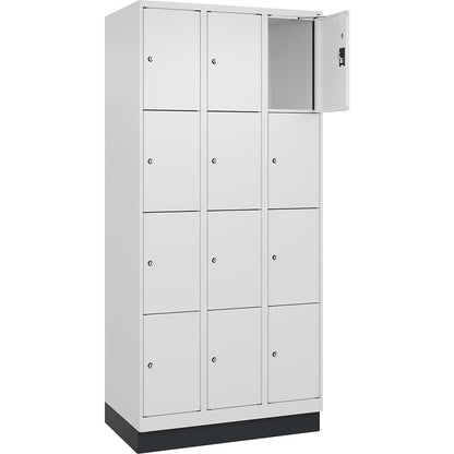 Evolo PLUS 4-fold compartment locker, 3 compartments, white, W 900 mm, 12 compartments, with base plinth, cylinder lock.