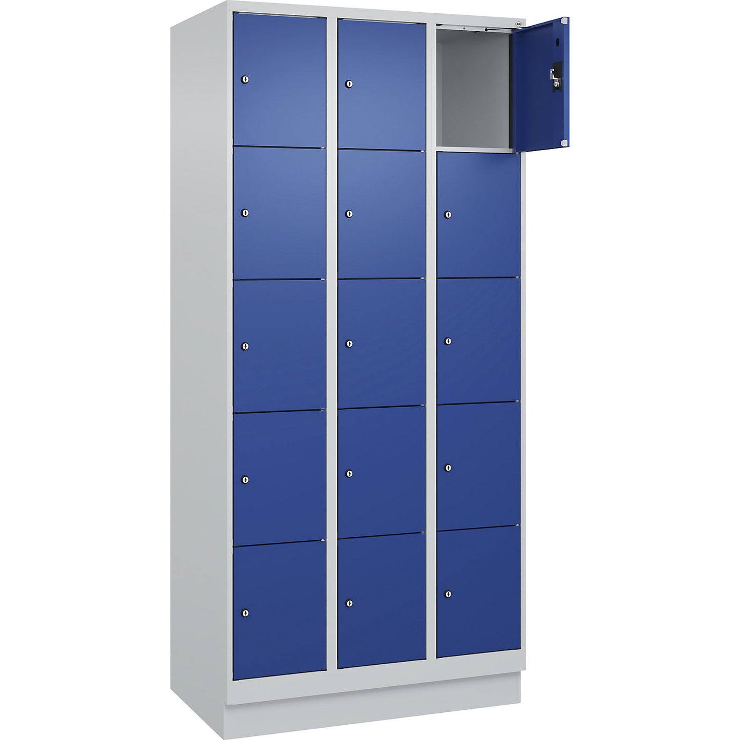 Evolo PLUS 5-fold compartment locker, 3 compartments, light grey / gentian blue, W 900 mm, 15 compartments, with base plinth, cylinder lock.