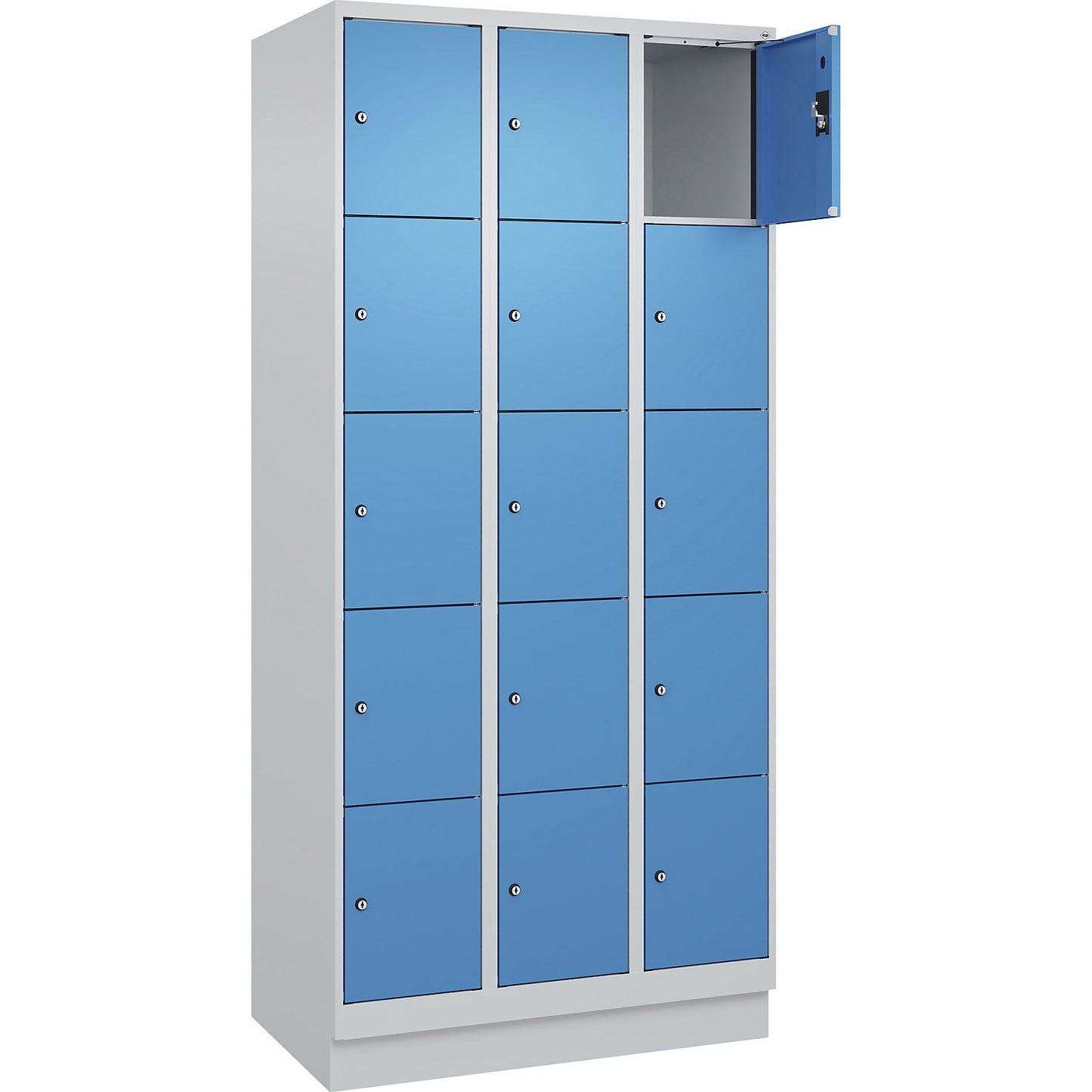 Evolo PLUS 5-fold compartment locker, 3 compartments, light grey / light blue, W 900 mm, 15 compartments, with base plinth, cylinder lock.