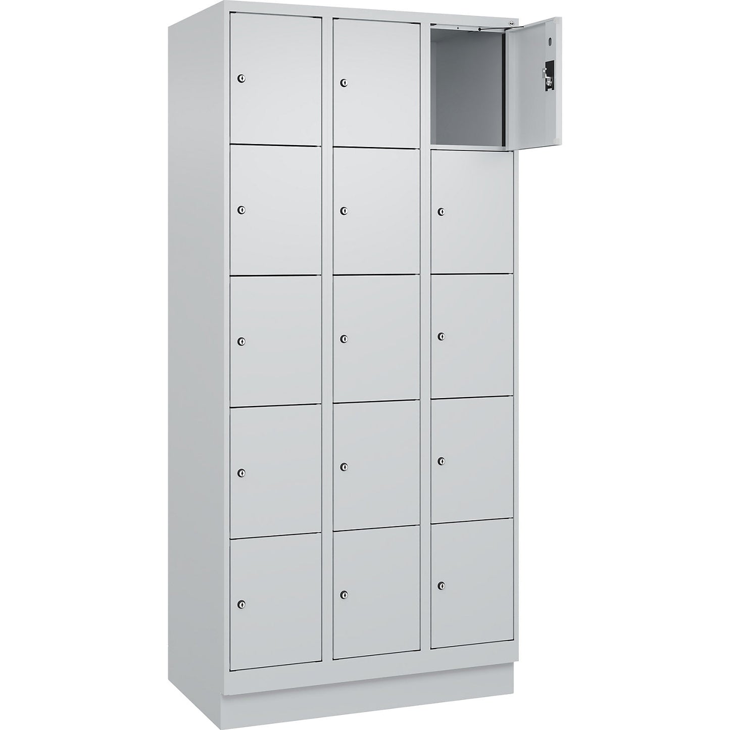 Evolo PLUS 5-fold compartment locker, 3 compartments, light grey, W 900 mm, 15 compartments, with base plinth, cylinder lock.