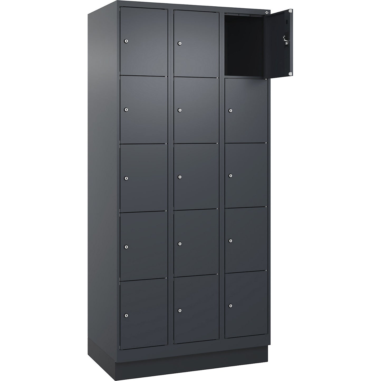 Evolo PLUS 5-fold compartment locker, 3 compartments, grey, W 900 mm, 15 compartments, with base plinth, cylinder lock.