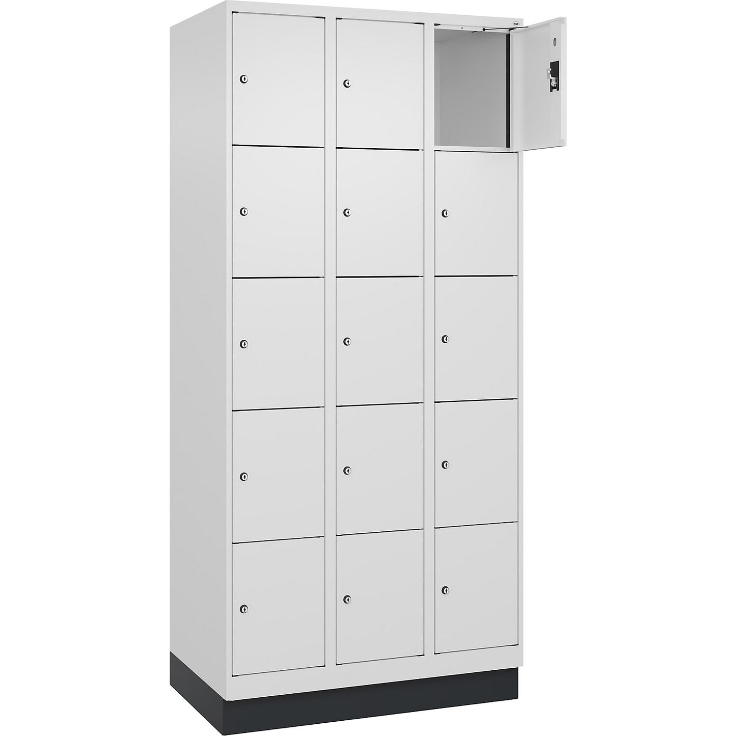 Evolo PLUS 5-fold compartment locker, 3 compartments, white, W 900 mm, 15 compartments, with base plinth, cylinder lock.