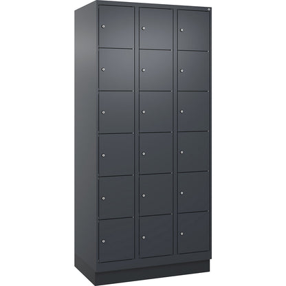 Evolo PLUS 6-fold compartment locker, 3 compartments, grey, W 900 mm, 18 compartments, with base plinth, cylinder lock.