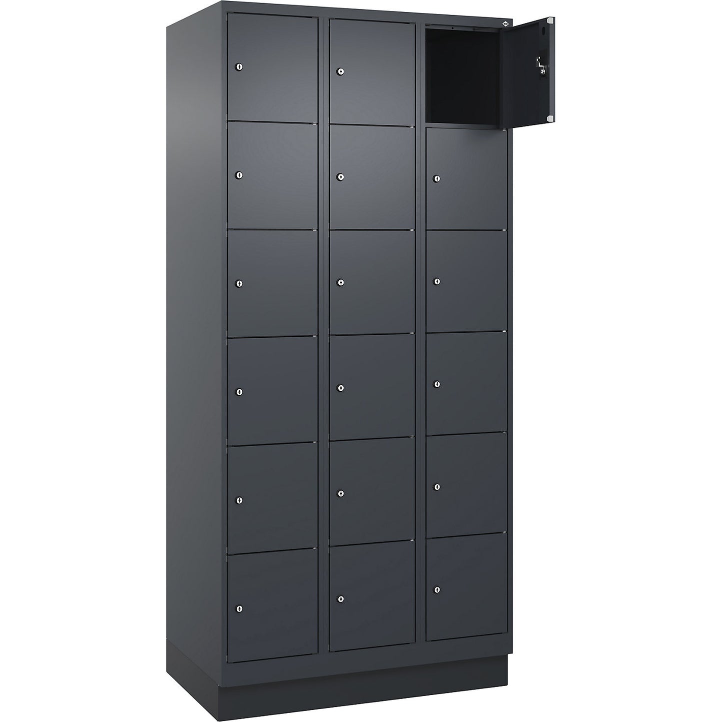 Evolo PLUS 6-fold compartment locker, 3 compartments, grey, W 900 mm, 18 compartments, with base plinth, cylinder lock.