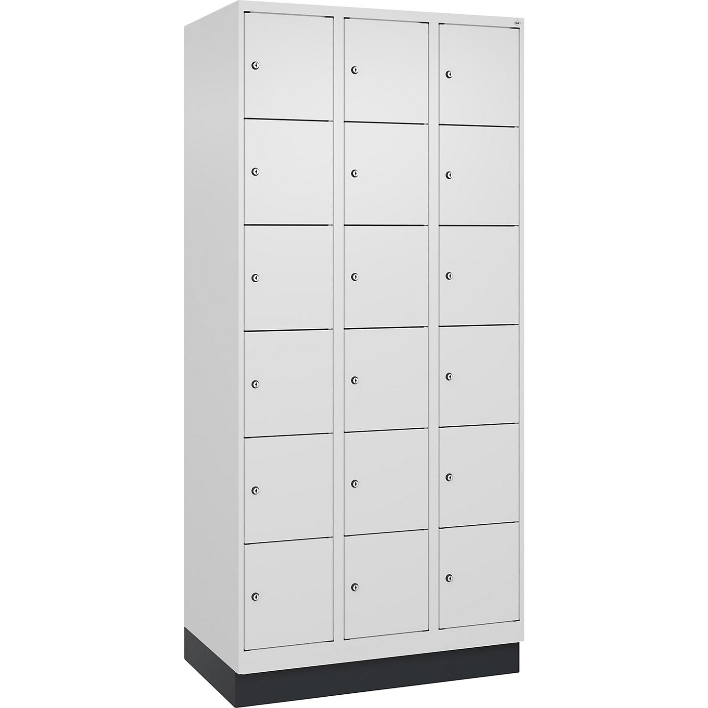 Evolo PLUS 6-fold compartment locker, 3 compartments, white, W 900 mm, 18 compartments, with base plinth, cylinder lock.