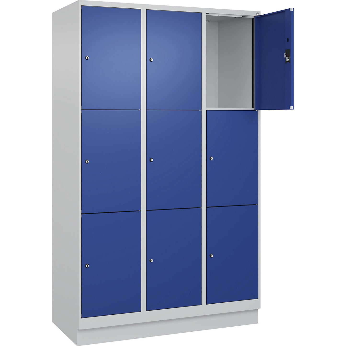 Evolo PLUS 3-fold compartment locker, 3 compartments, light grey / gentian blue, W 1200 mm, 9 compartments, with base plinth, cylinder lock.