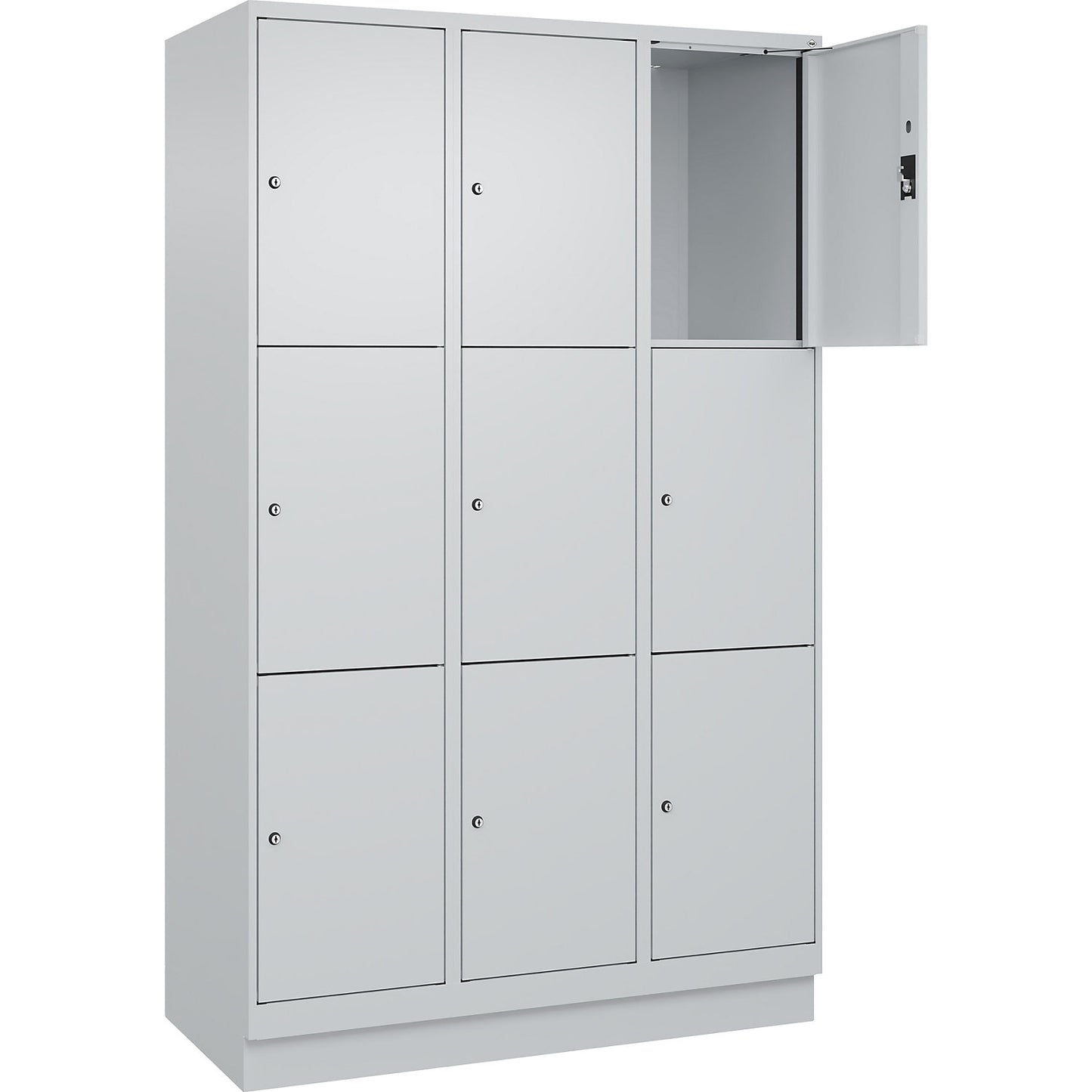 Evolo PLUS 3-fold compartment locker, 3 compartments, light grey, W 1200 mm, 9 compartments, with base plinth, cylinder lock.