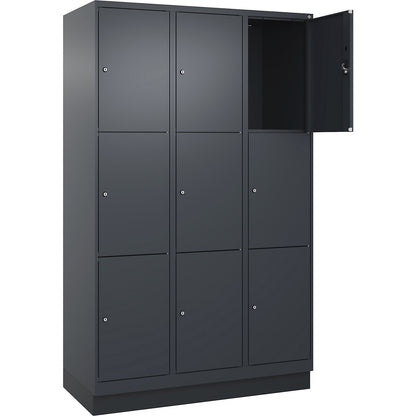 Evolo PLUS 3-fold compartment locker, 3 compartments, grey, W 1200 mm, 9 compartments, with base plinth, cylinder lock.