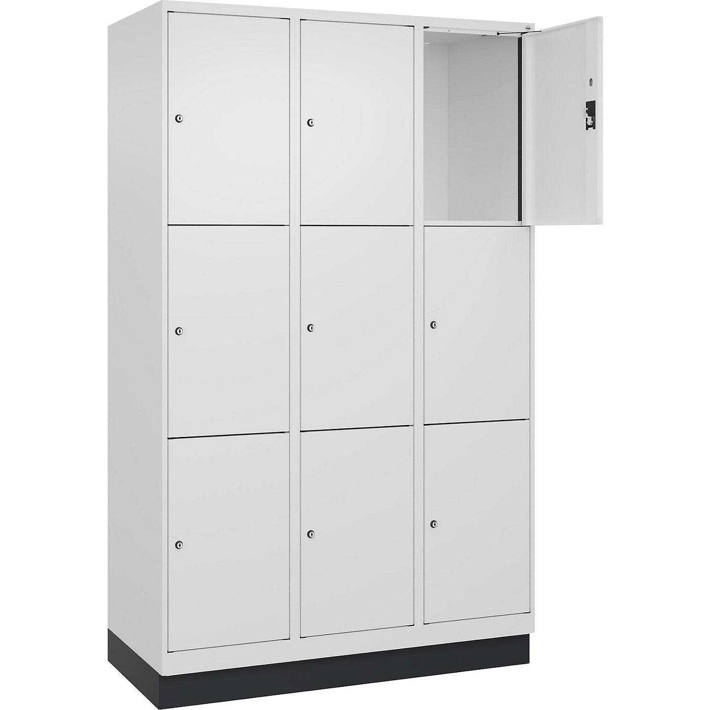 Evolo PLUS 3-fold compartment locker, 3 compartments, white, W 1200 mm, 9 compartments, with base plinth, cylinder lock.