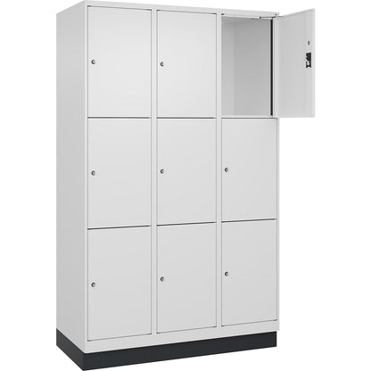 Evolo PLUS 3-fold compartment locker, 3 compartments, white, W 1200 mm, 9 compartments, with base plinth, cylinder lock.