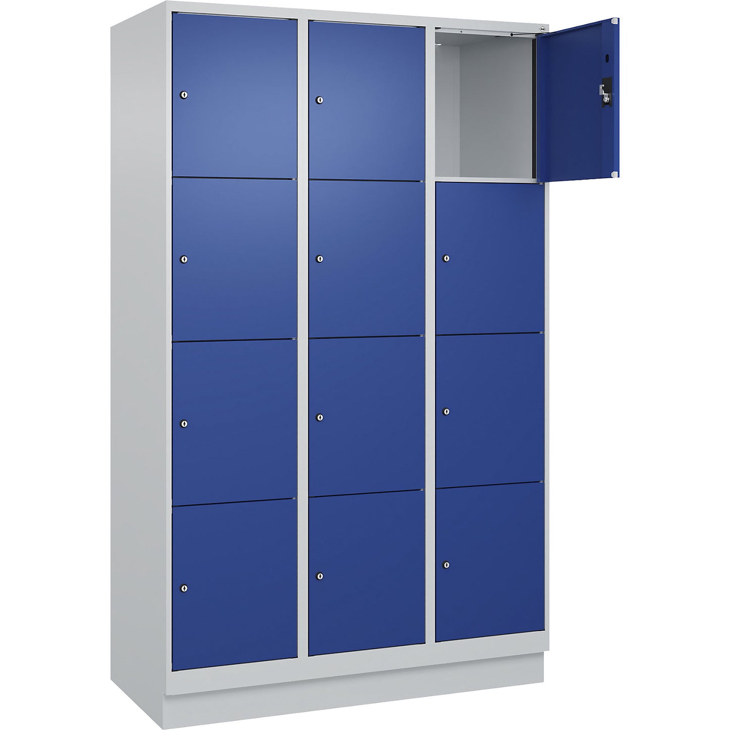 Evolo PLUS 4-fold compartment locker, 3 compartments, light grey / gentian blue, W 1200 mm, 12 compartments, with base plinth, cylinder lock.