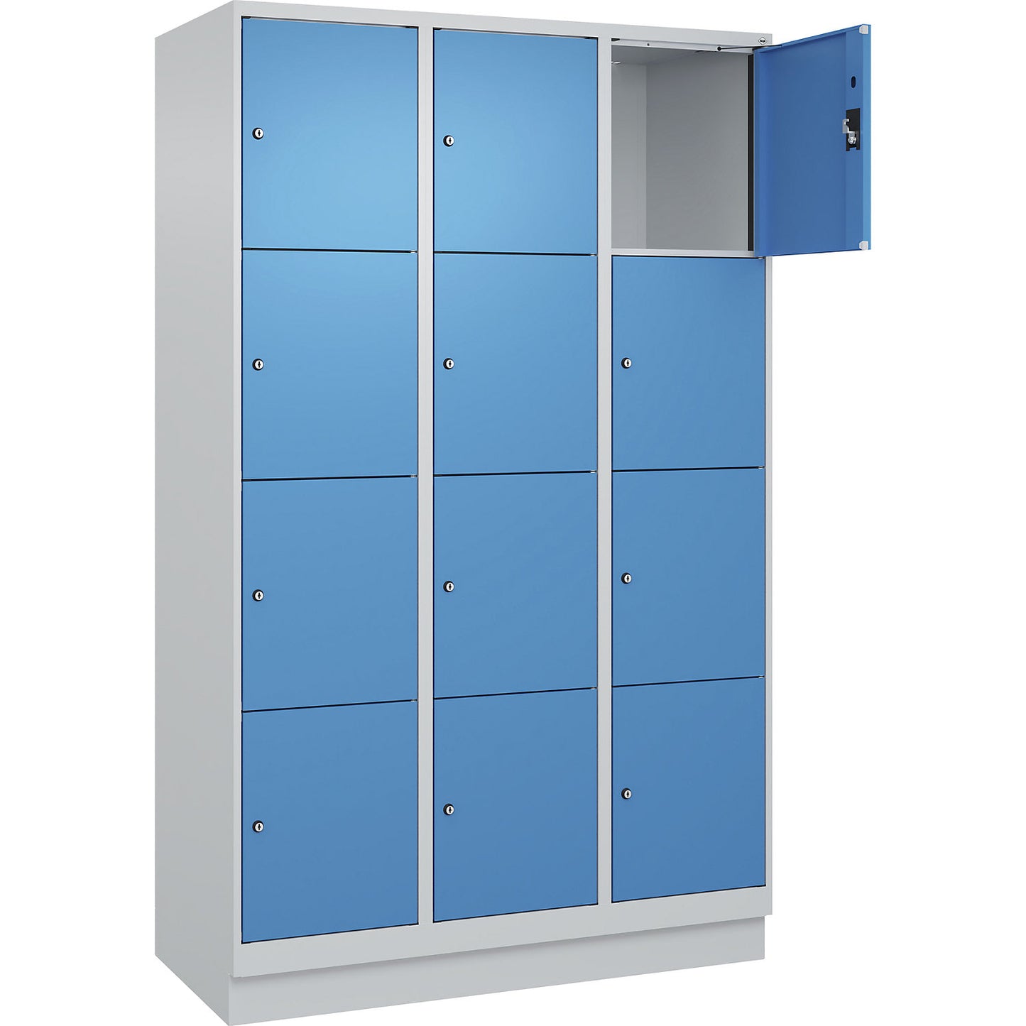 Evolo PLUS 4-fold compartment locker, 3 compartments, light grey / light blue, W 1200 mm, 12 compartments, with base plinth, cylinder lock.