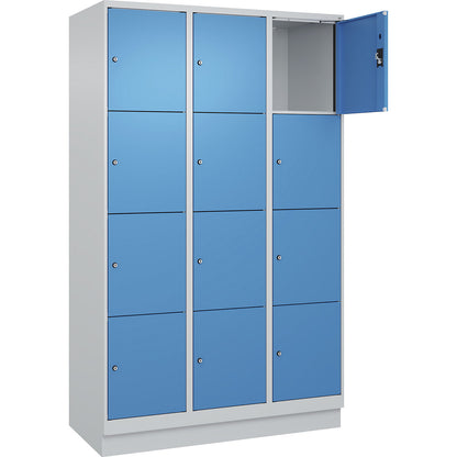 Evolo PLUS 4-fold compartment locker, 3 compartments, light grey / light blue, W 1200 mm, 12 compartments, with base plinth, cylinder lock.