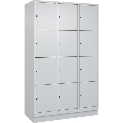 Evolo PLUS 4-fold compartment locker, 3 compartments, light grey, W 1200 mm, 12 compartments, with base plinth, cylinder lock.