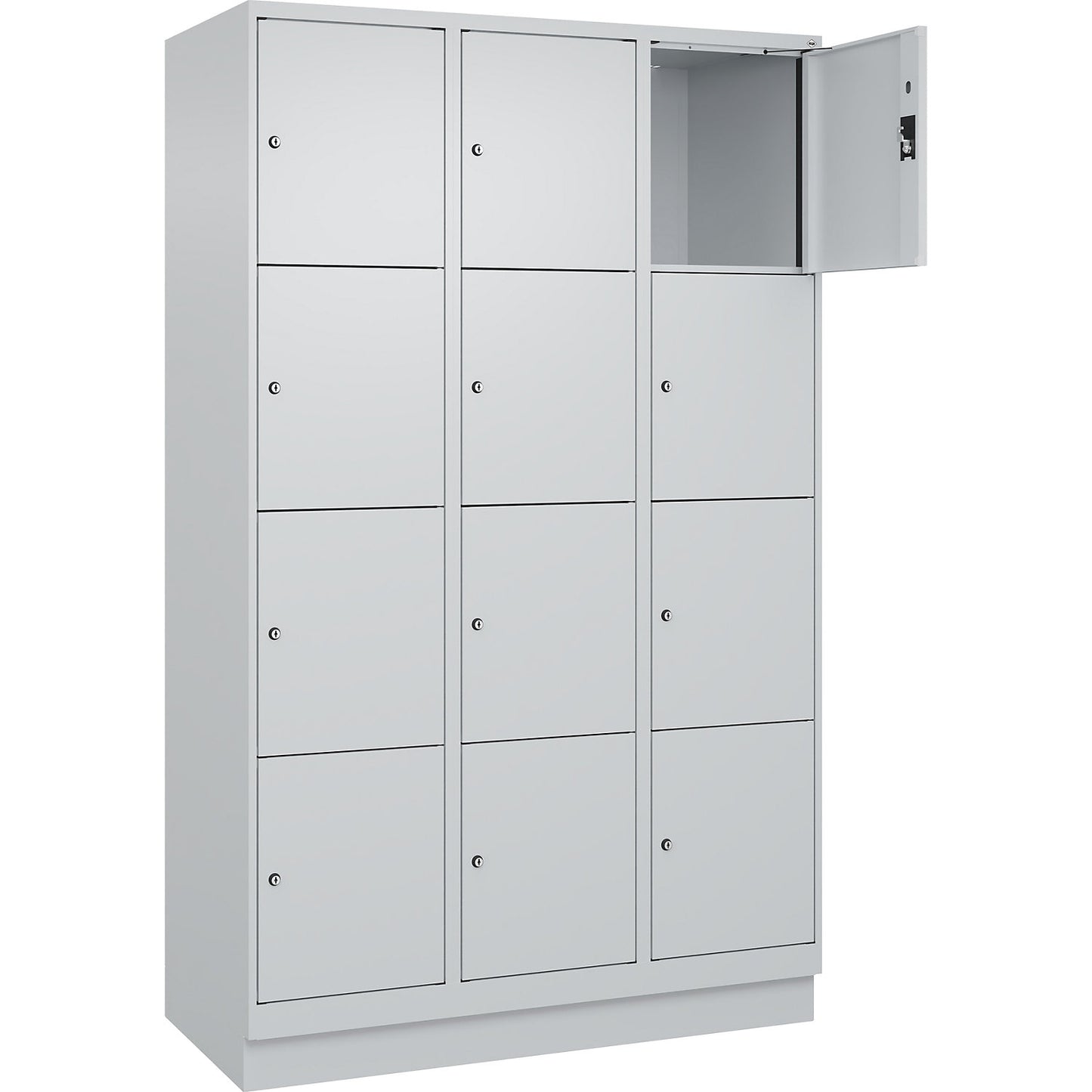 Evolo PLUS 4-fold compartment locker, 3 compartments, light grey, W 1200 mm, 12 compartments, with base plinth, cylinder lock.