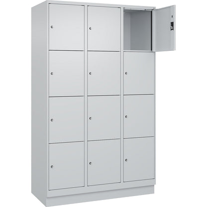 Evolo PLUS 4-fold compartment locker, 3 compartments, light grey, W 1200 mm, 12 compartments, with base plinth, cylinder lock.