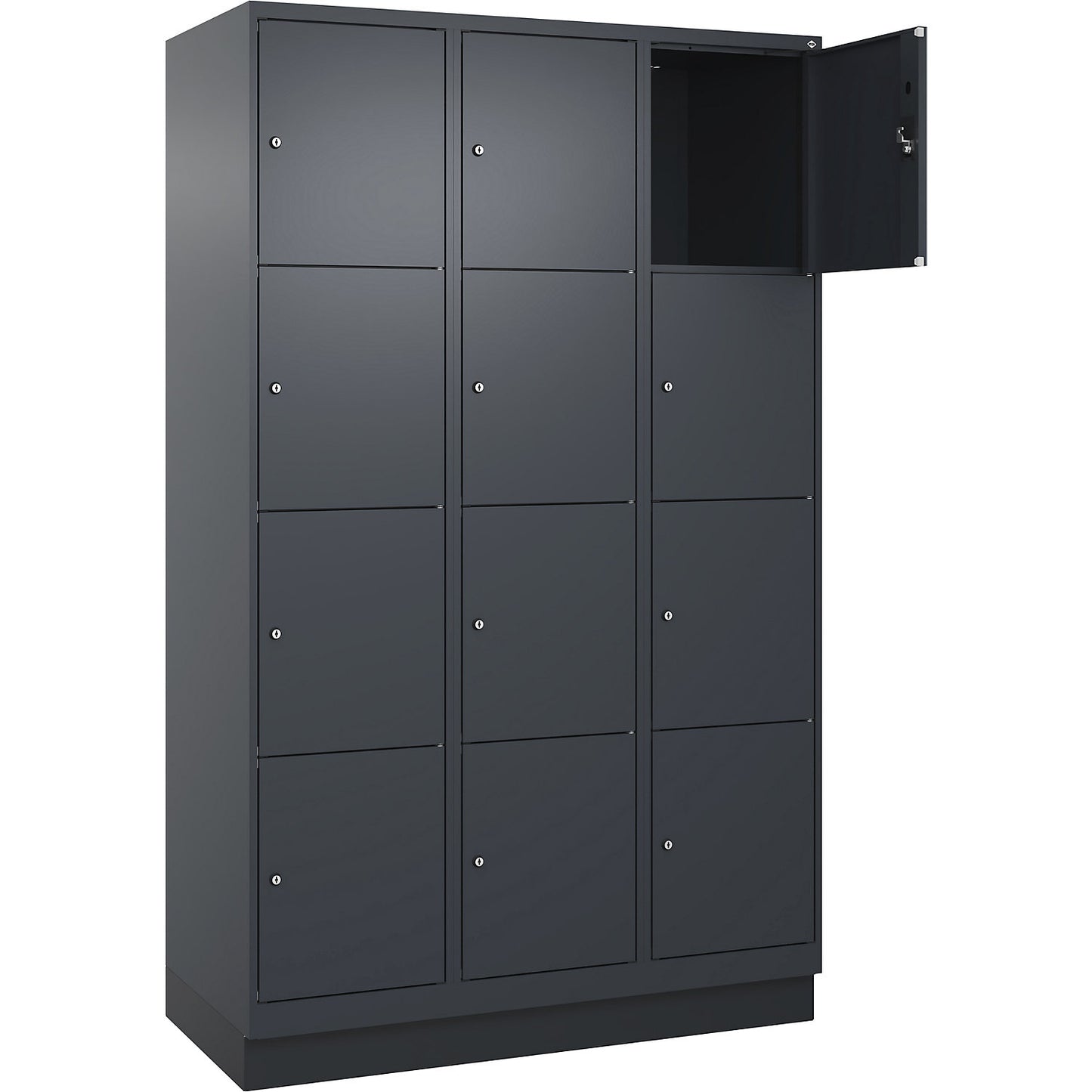 Evolo PLUS 4-fold compartment locker, 3 compartments, grey, W 1200 mm, 12 compartments, with base plinth, cylinder lock.