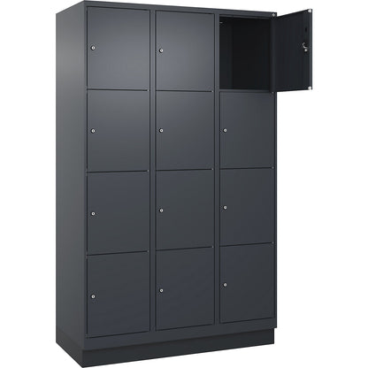 Evolo PLUS 4-fold compartment locker, 3 compartments, grey, W 1200 mm, 12 compartments, with base plinth, cylinder lock.