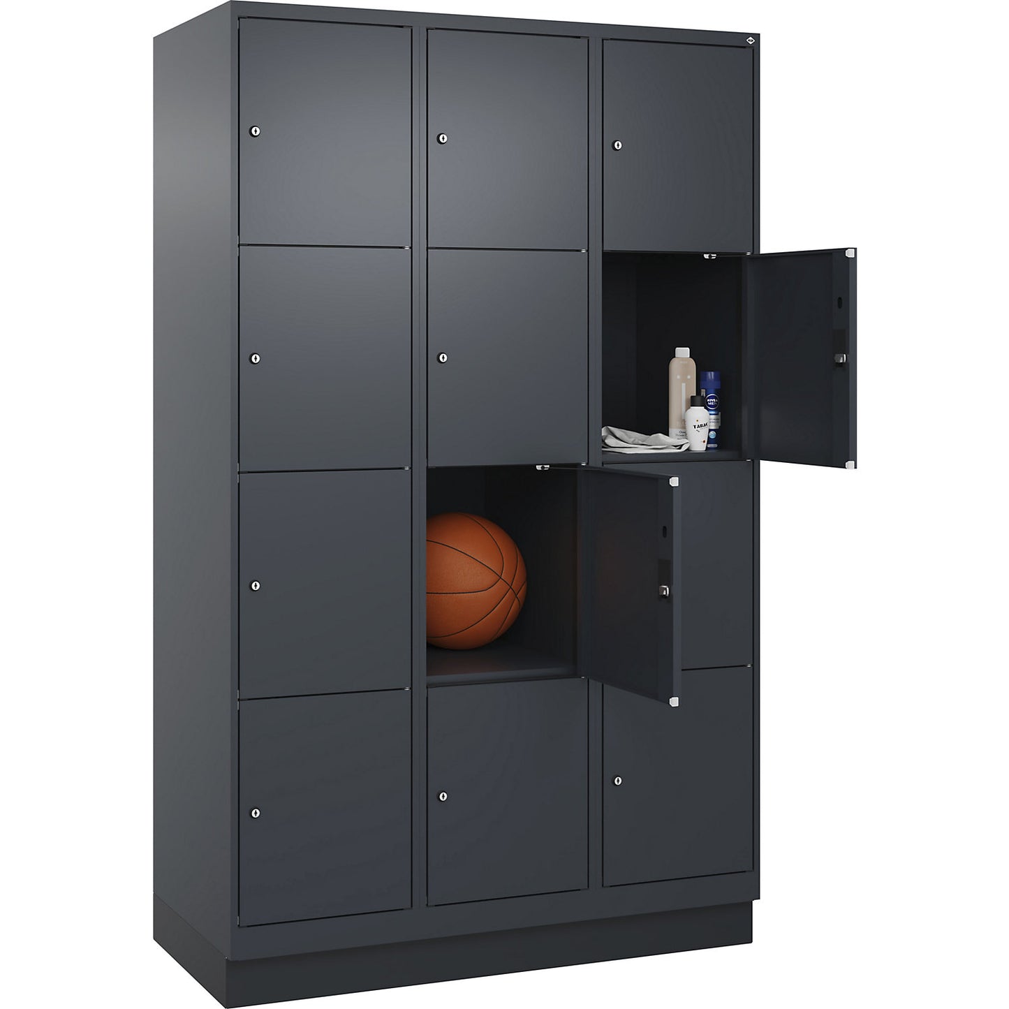 Evolo PLUS 4-fold compartment locker, 3 compartments, grey, W 1200 mm, 12 compartments, with base plinth, cylinder lock.