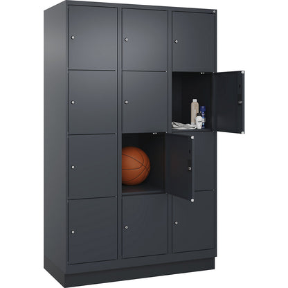 Evolo PLUS 4-fold compartment locker, 3 compartments, grey, W 1200 mm, 12 compartments, with base plinth, cylinder lock.