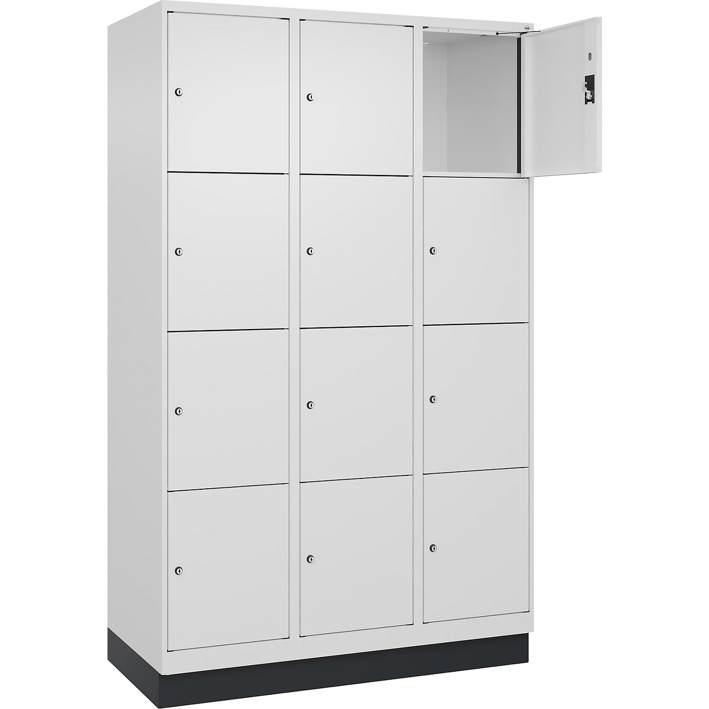Evolo PLUS 4-fold compartment locker, 3 compartments, white, W 1200 mm, 12 compartments, with base plinth, cylinder lock.