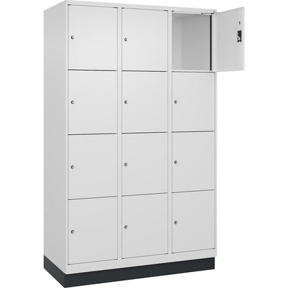 Evolo PLUS 4-fold compartment locker, 3 compartments, white, W 1200 mm, 12 compartments, with base plinth, cylinder lock.