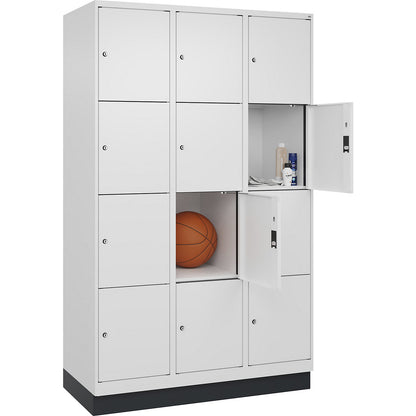 Evolo PLUS 4-fold compartment locker, 3 compartments, white, W 1200 mm, 12 compartments, with base plinth, cylinder lock.