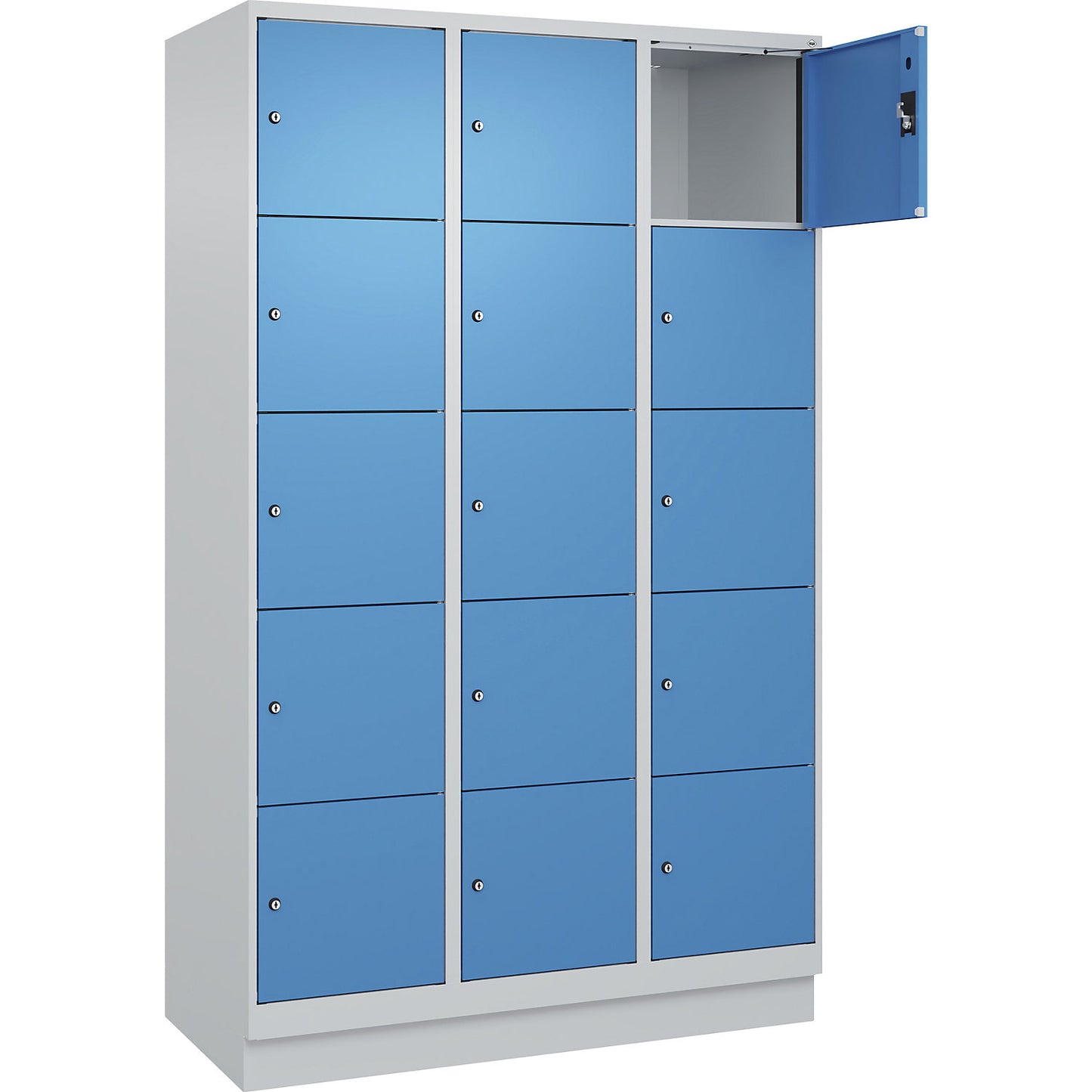 Evolo PLUS 5-fold compartment locker, 3 compartments, light grey / light blue, W 1200 mm, 15 compartments, with base plinth, cylinder lock.