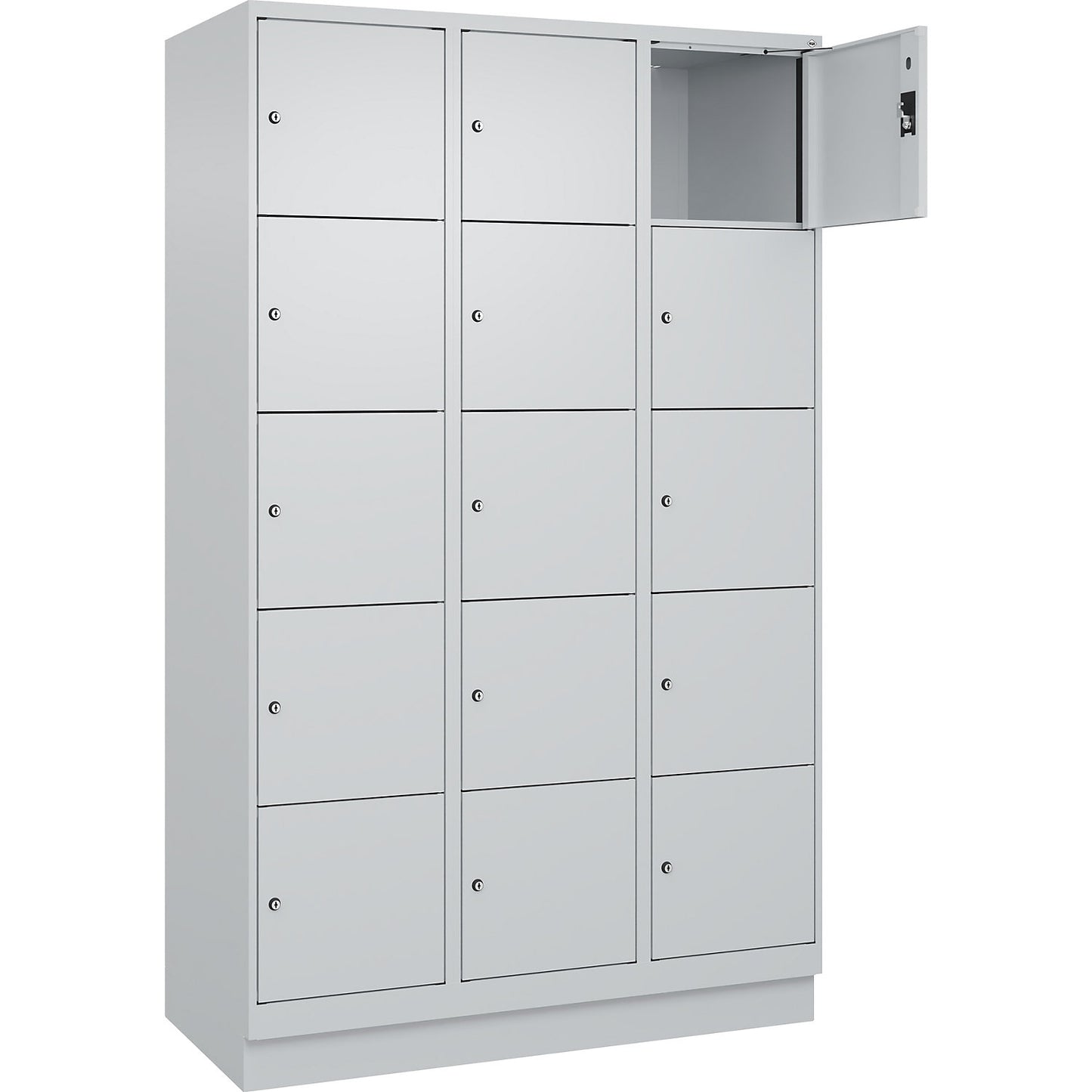 Evolo PLUS 5-fold compartment locker, 3 compartments, light grey, W 1200 mm, 15 compartments, with base plinth, cylinder lock.