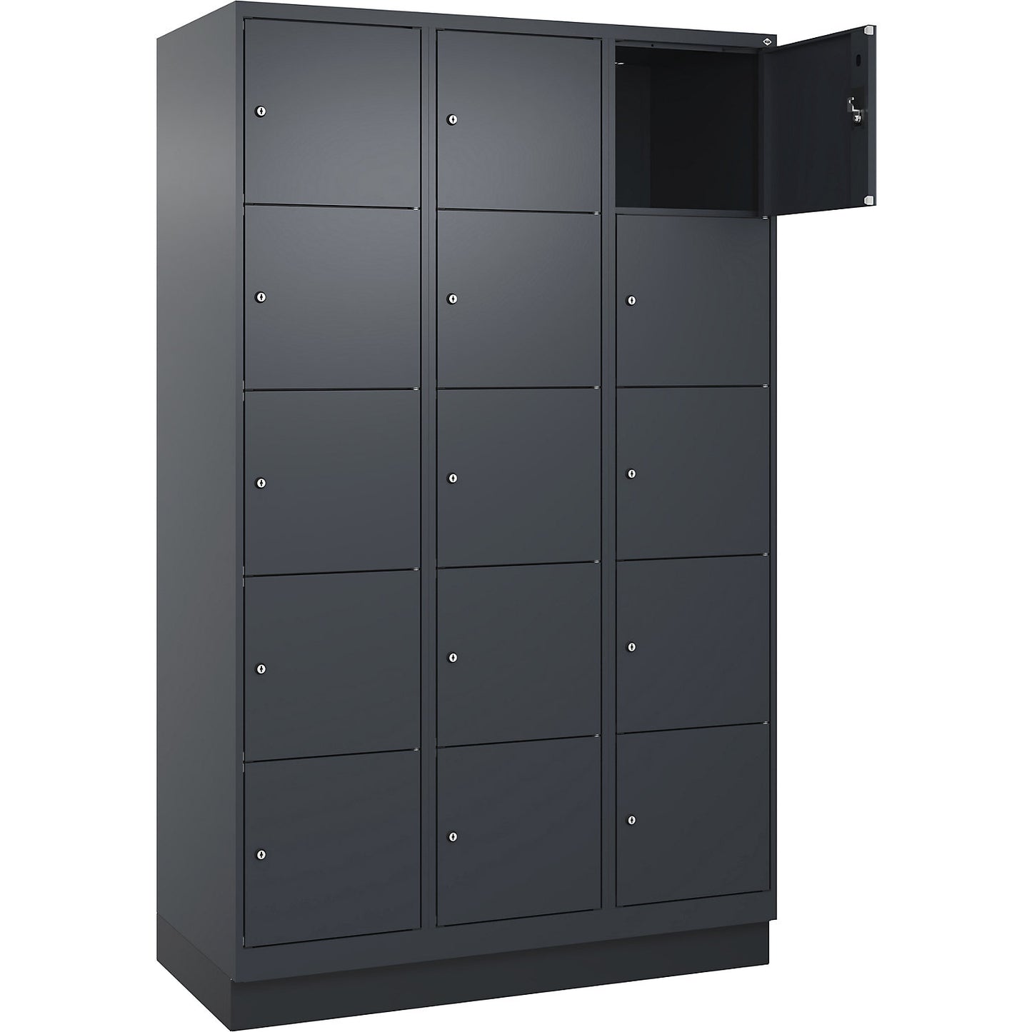 Evolo PLUS 5-fold compartment locker, 3 compartments, grey, W 1200 mm, 15 compartments, with base plinth, cylinder lock.