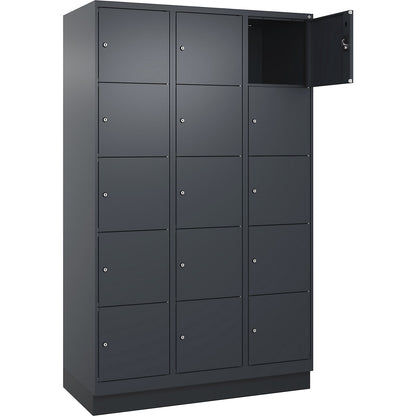 Evolo PLUS 5-fold compartment locker, 3 compartments, grey, W 1200 mm, 15 compartments, with base plinth, cylinder lock.