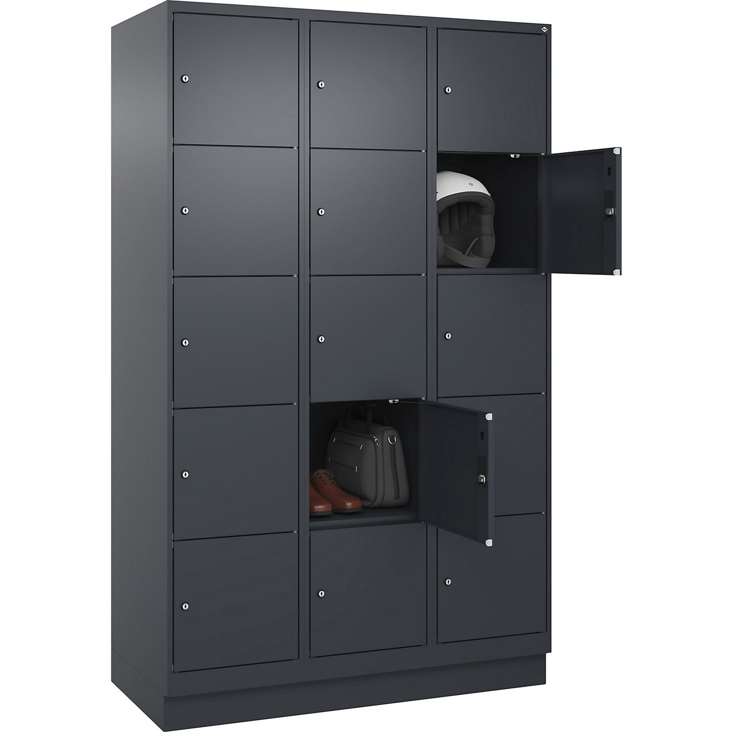 Evolo PLUS 5-fold compartment locker, 3 compartments, grey, W 1200 mm, 15 compartments, with base plinth, cylinder lock.