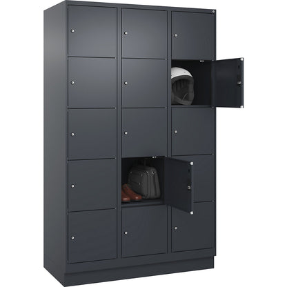Evolo PLUS 5-fold compartment locker, 3 compartments, grey, W 1200 mm, 15 compartments, with base plinth, cylinder lock.