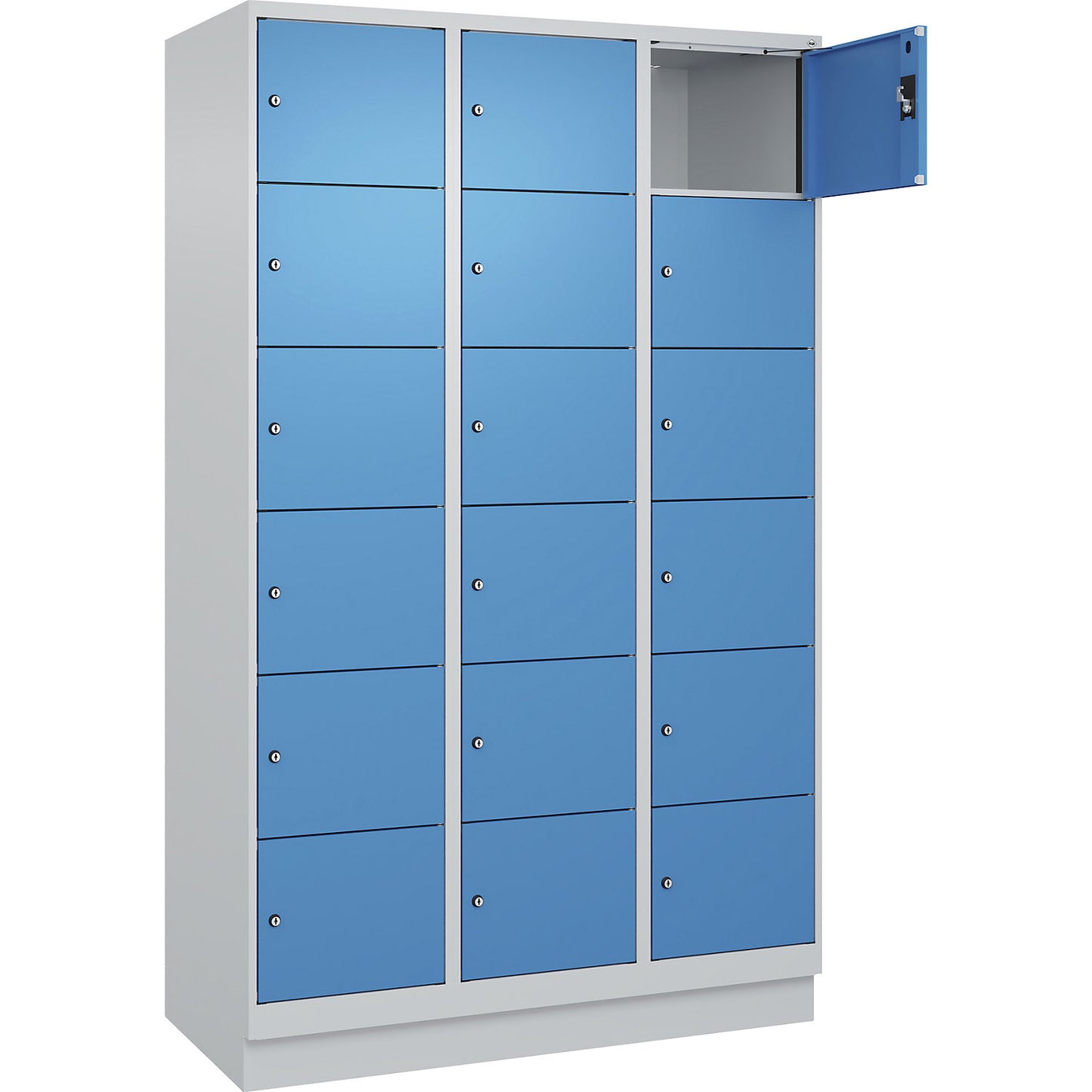 Evolo PLUS 6-fold compartment locker, 3 compartments, light grey / light blue, W 1200 mm, 18 compartments, with base plinth, cylinder lock.