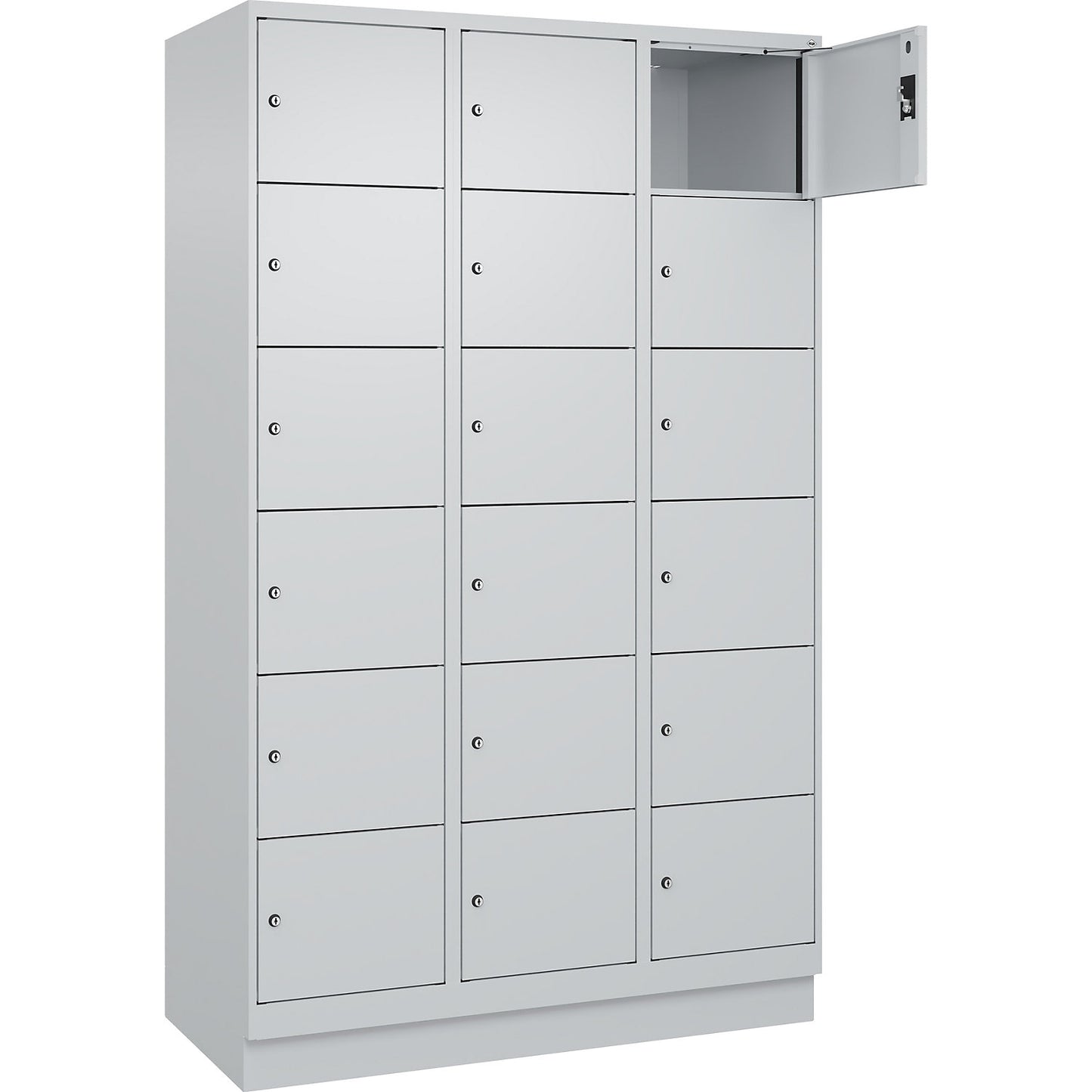 Evolo PLUS 6-fold compartment locker, 3 compartments, light grey, W 1200 mm, 18 compartments, with base plinth, cylinder lock.
