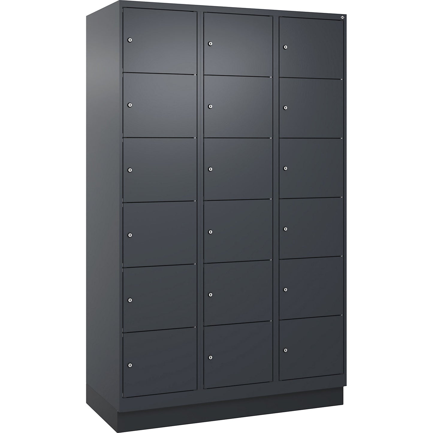 Evolo PLUS 6-fold compartment locker, 3 compartments, grey, W 1200 mm, 18 compartments, with base plinth, cylinder lock.