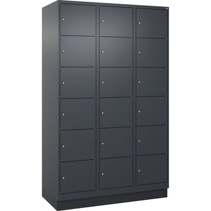 Evolo PLUS 6-fold compartment locker, 3 compartments, grey, W 1200 mm, 18 compartments, with base plinth, cylinder lock.