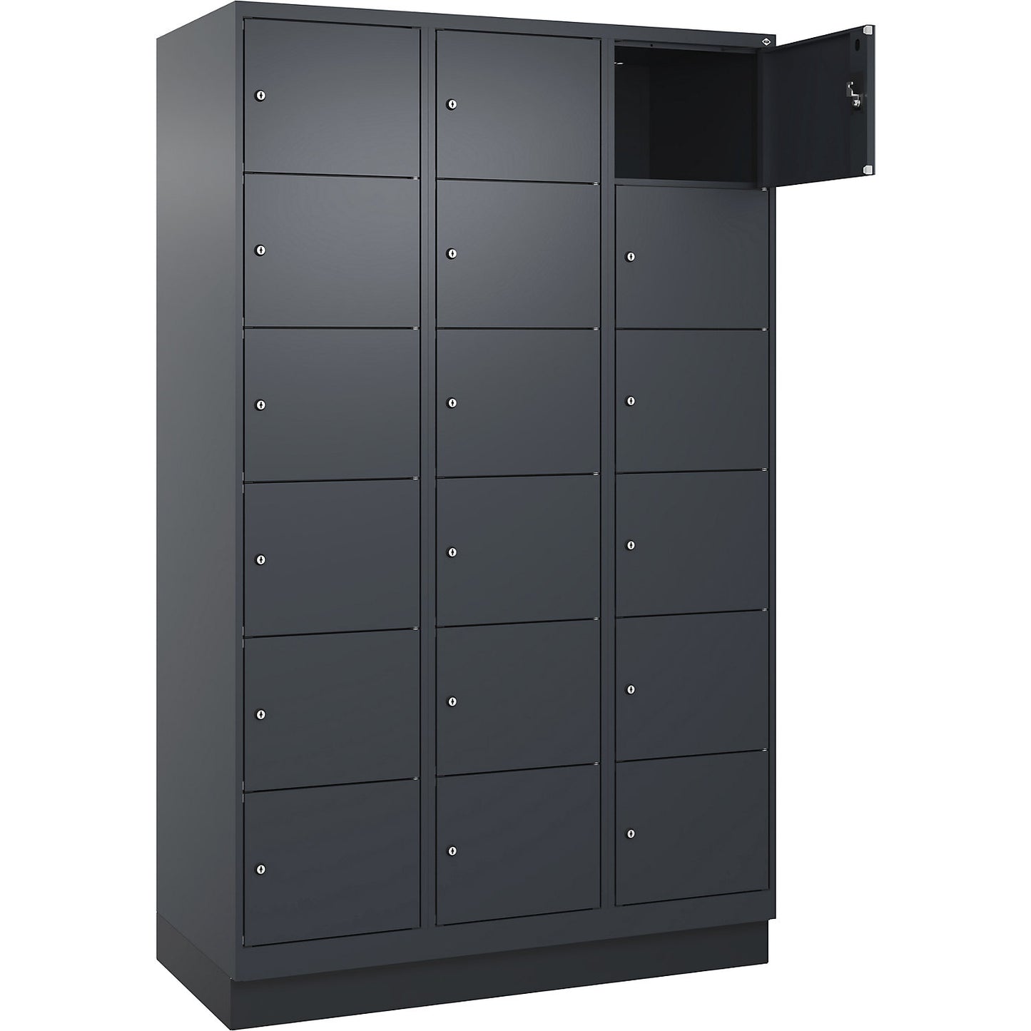 Evolo PLUS 6-fold compartment locker, 3 compartments, grey, W 1200 mm, 18 compartments, with base plinth, cylinder lock.
