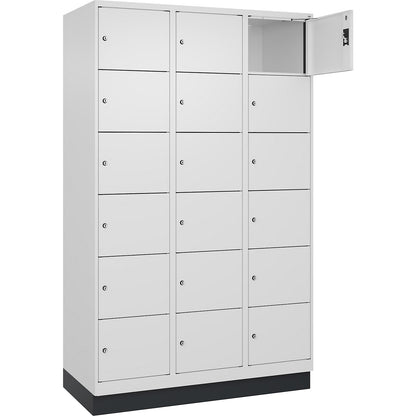 Evolo PLUS 6-fold compartment locker, 3 compartments, white, W 1200 mm, 18 compartments, with base plinth, cylinder lock.